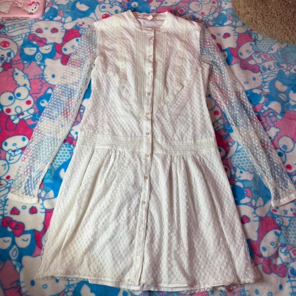 White Victoria's Secret Mini button up dress with mesh sleeves & button up dress